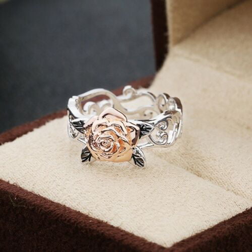 18K Rose Gold Filled Sliver Beauty Rose Flower Wedding Engagement Ring Gift 6-10 